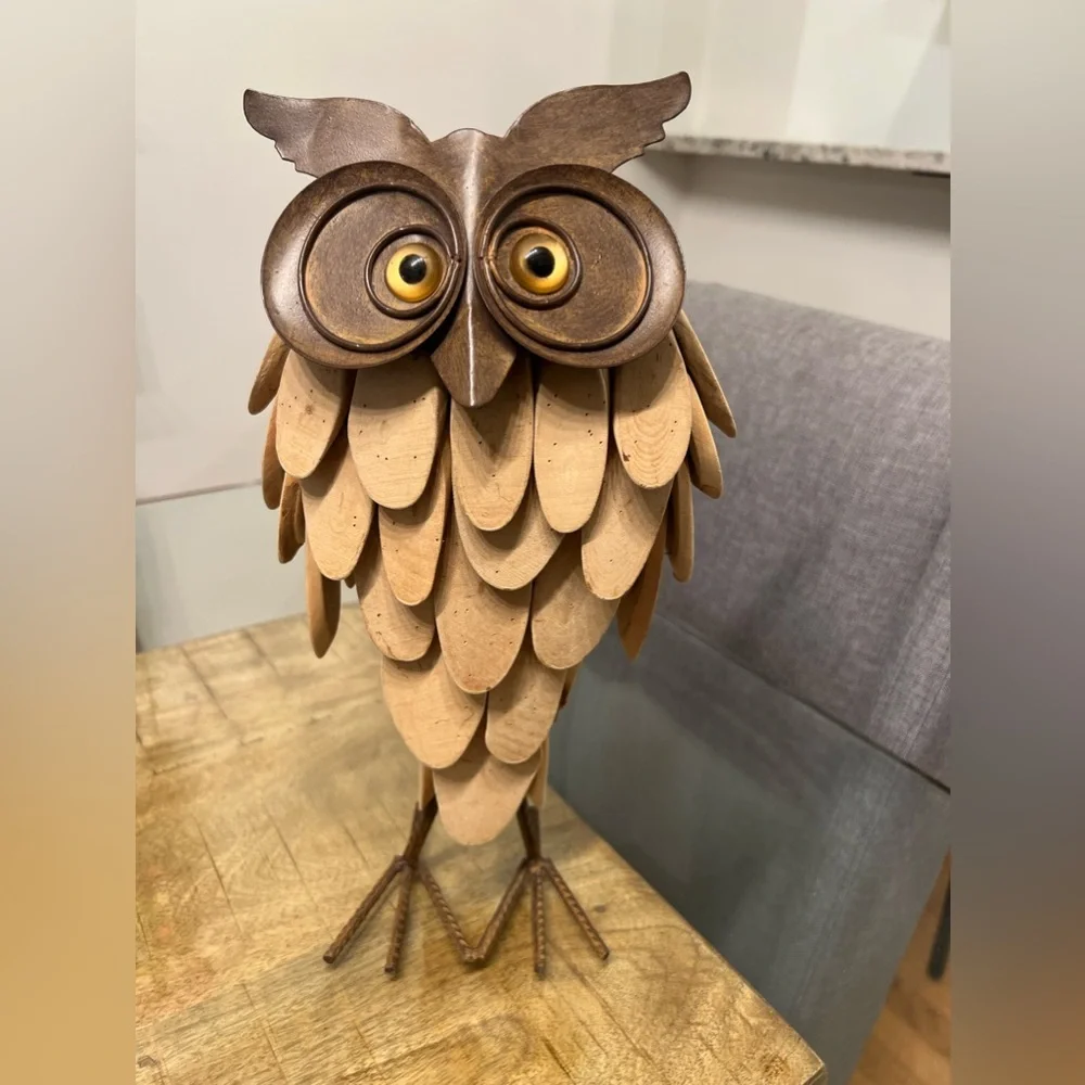Unique Driftwood Galvanized Metal Amber Color Eyes Owl Lover Handmade Home Decor